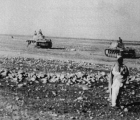 Panzer tanks of Erwin Rommel's Africa Corps during an advance against British armed forces.