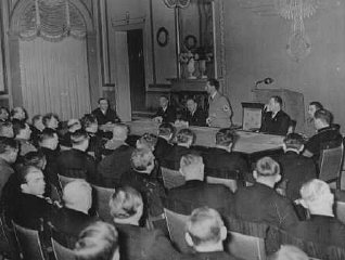 Nazi minister of propaganda Joseph Goebbels delivers a speech to his deputies for the press and arts.