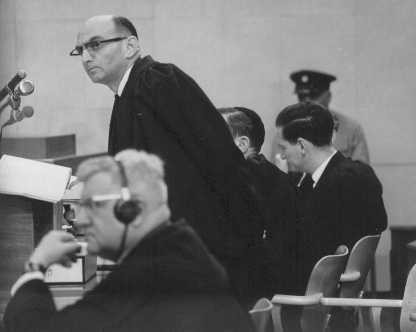 Prosecutor Gideon Hausner (standing) during Adolf Eichmann's trial. [LCID: 65284]