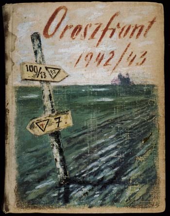 Album cover featuring a road sign with the Hungarian Labor Service company number 109/13 posted in a muddy wasteland. [LCID: 57941]