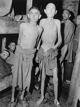Survivors of the Ampfing subcamp of the Dachau concentration camp soon after liberation by US troops.