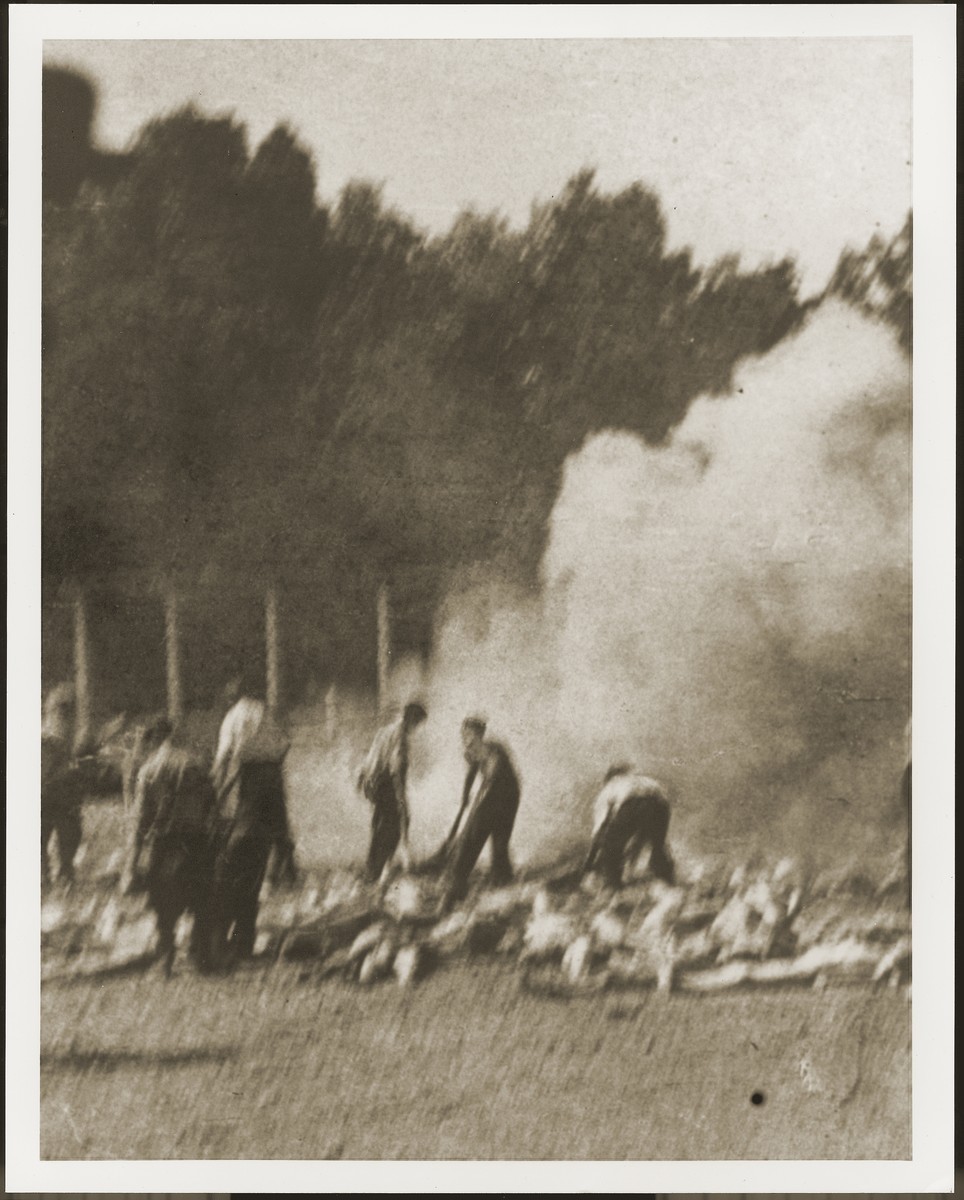 A pile of victims burns in the middle of a fenced in clearing surrounded by trees. Several people stand in the pile and move bodies. There is a large cloud of smoke rising from the pile.