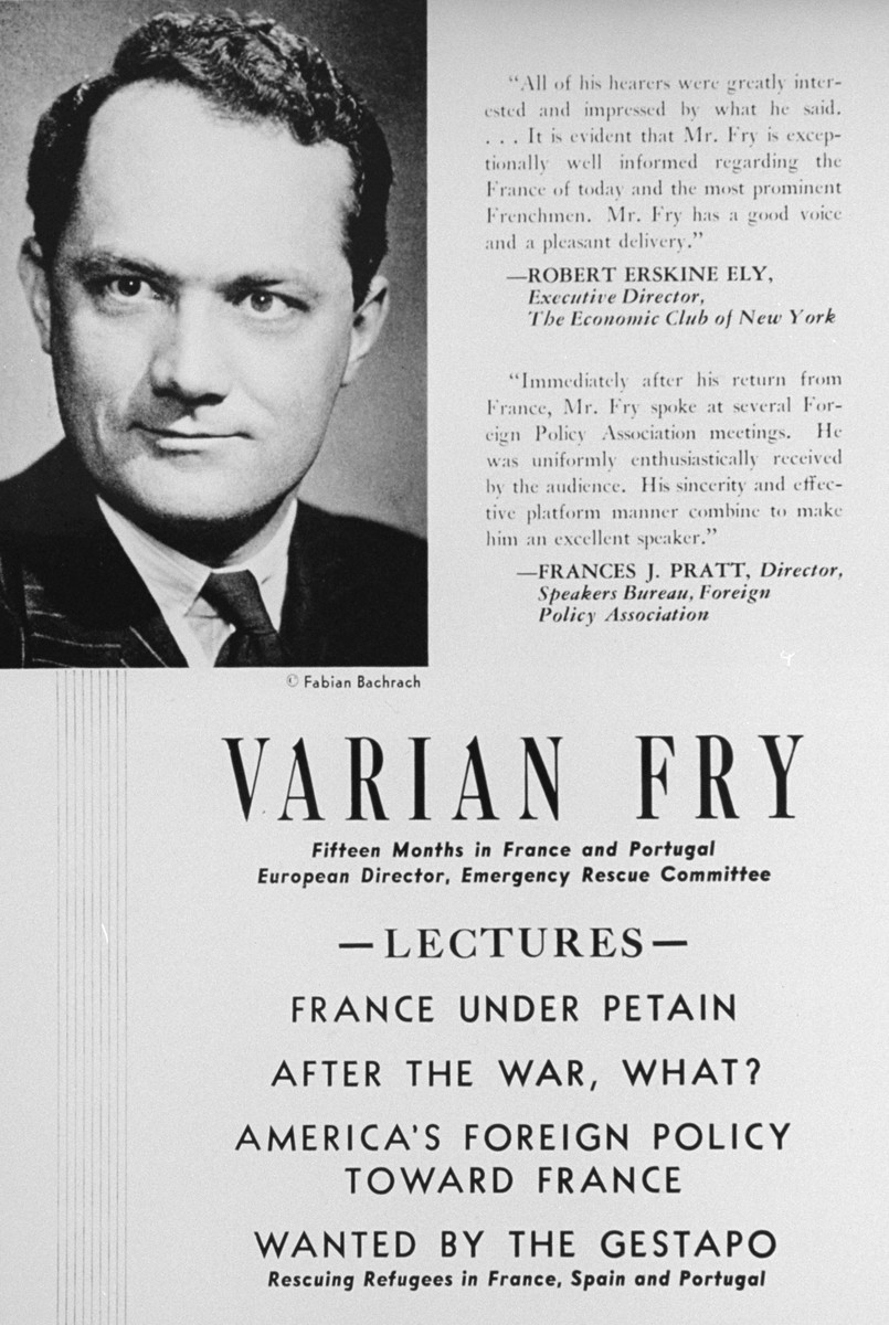 An advertisement for a series of lectures by Varian Fry, who worked in France to help anti-Nazi artists and intellectuals escape ...