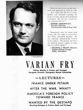 An advertisement for a series of lectures by Varian Fry, who worked in France to help anti-Nazi artists and intellectuals escape to the United States.