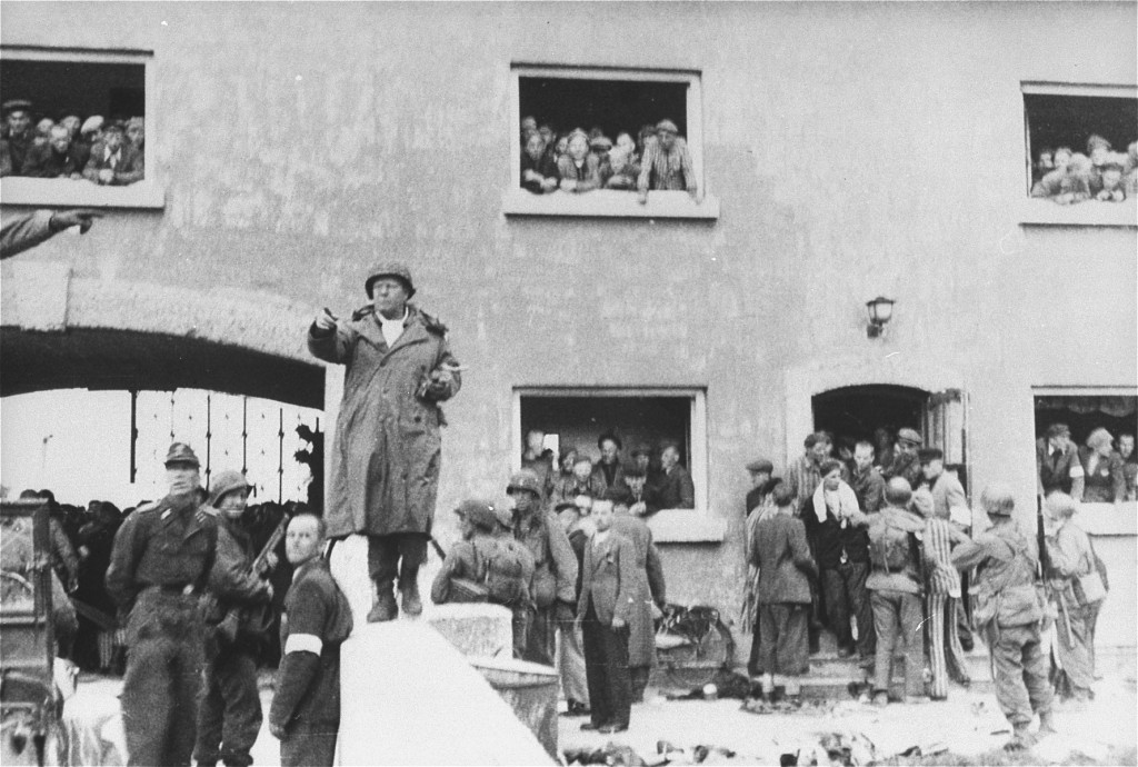 Members of the US Army 42nd Infantry Division at Dachau concentration camp, 1945