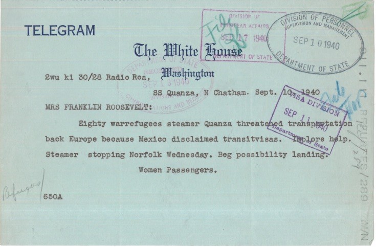Telegram of Quanza passengers to Eleanor Roosevelt