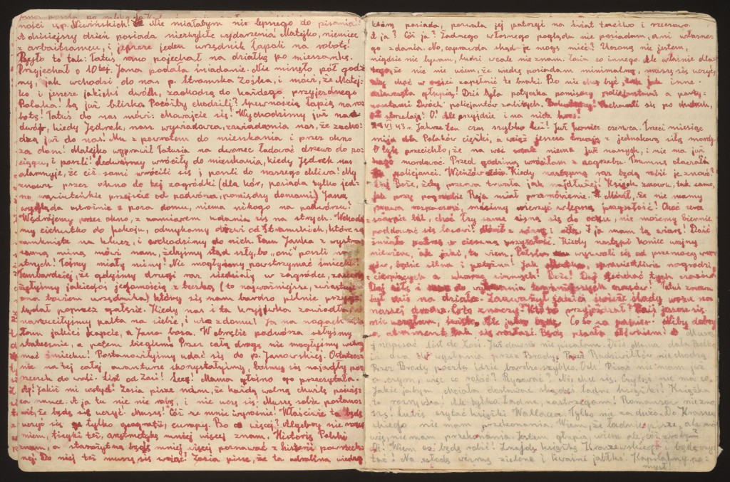 Handwritten journal entries, written in red ink