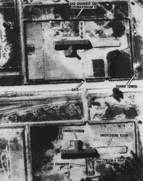 Aerial photograph showing the gas chambers and crematoria 2 and 3 at the Auschwitz-Birkenau (Auschwitz II) killing center Auschwitz, ... [LCID: 04300]