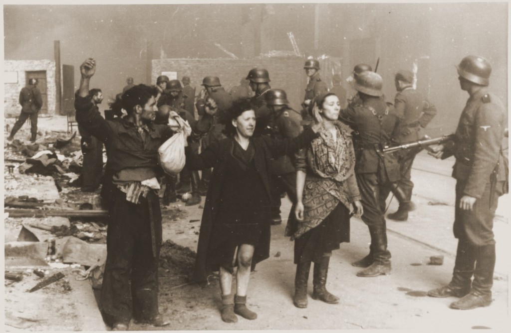 Jewish resistance fighters captured by SS troops during the Warsaw ghetto uprising.