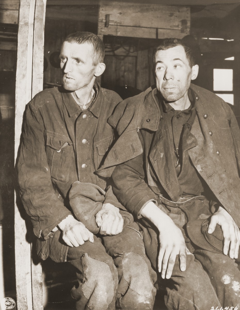 Two malnourished Soviet prisoners of war, survivors of the Hemer prisoner of war camp in western Germany.