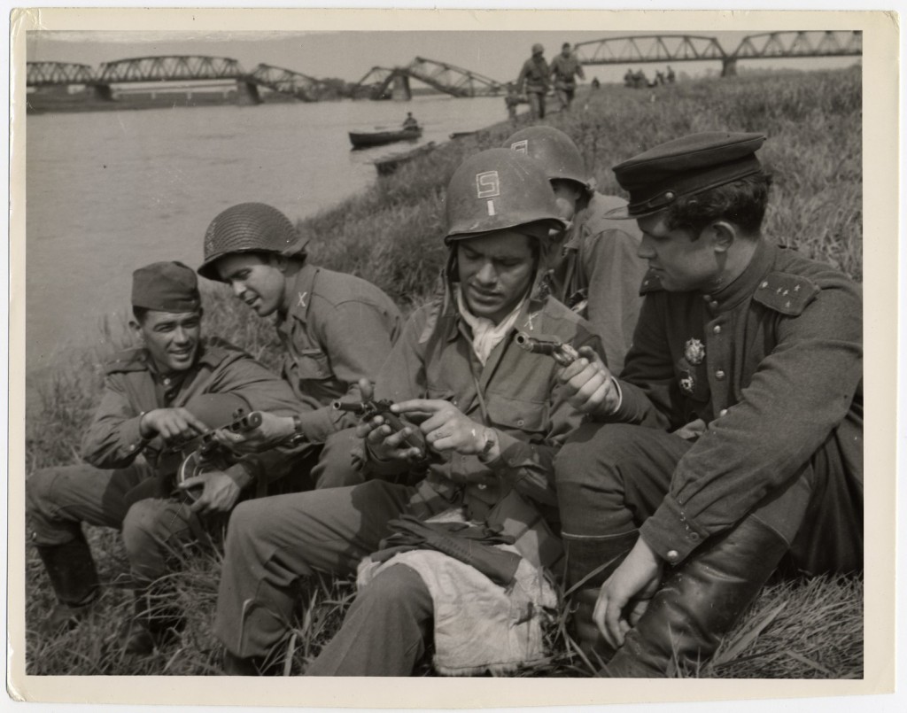 Both US Army 69th Infantry Division and Soviet soldiers on the banks of the Elbe River, Germany, 1945