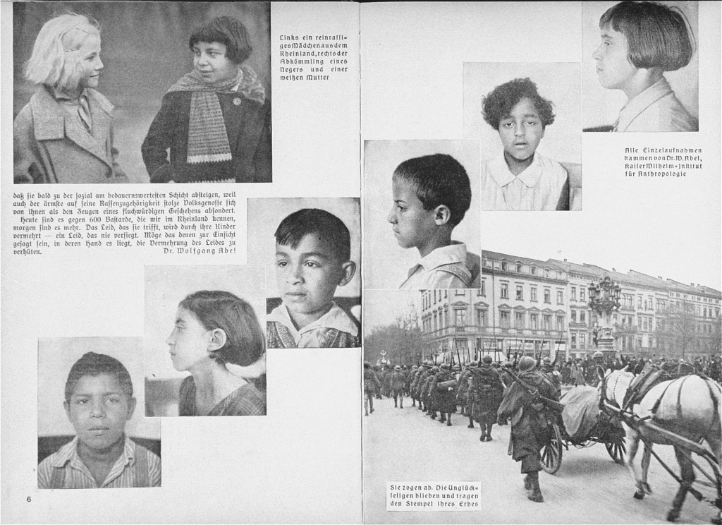 Images from a German publication about the occupation of the Rhineland (1918–1930), a region in western Germany, and multiracial children who were born to white German mothers and Black soldiers there. Publication dated 1936–1939.