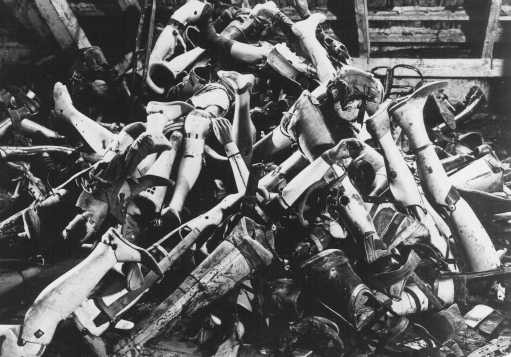 <p>Artificial limbs of prisoners killed in the <a href="/narrative/4537">gas chambers</a> were found after liberation. <a href="/narrative/3673">Auschwitz-Birkenau</a> camp, Poland, October 14, 1945.</p>