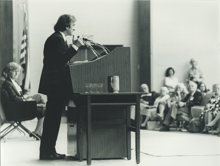 Elie Wiesel speaks at the Faith in Humankind conference, held before the opening of the USHMM, on September 18–19, 1984, in Washington, DC.