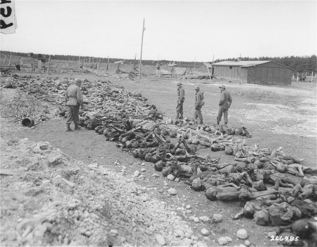 US troops view bodies of victims of Kaufering IV, a Dachau subcamp in the Landsberg-Kaufering area. [LCID: 37316a]