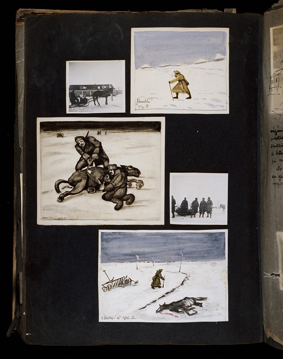 Black photo album page with a combination of black and white photographs and color drawings. There are a total of 5 pieces on the page with notes written in white pencil.