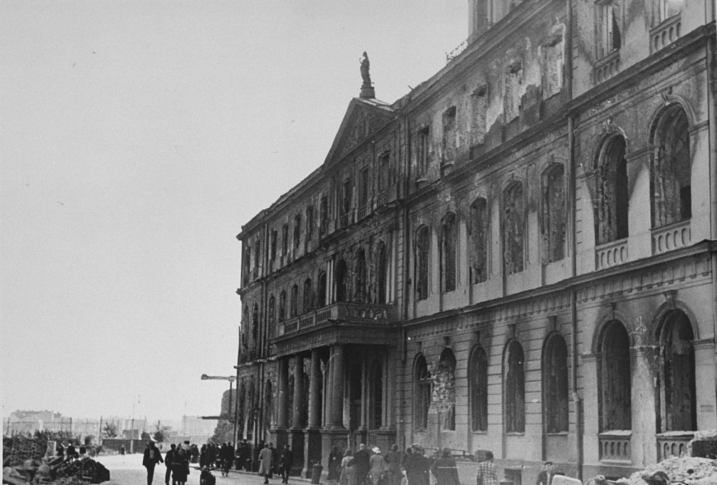 German forces occupied Riga in early July 1941. Here, war damage to Riga's city hall is evidenced by blackened areas around the building's ... [LCID: 08780]