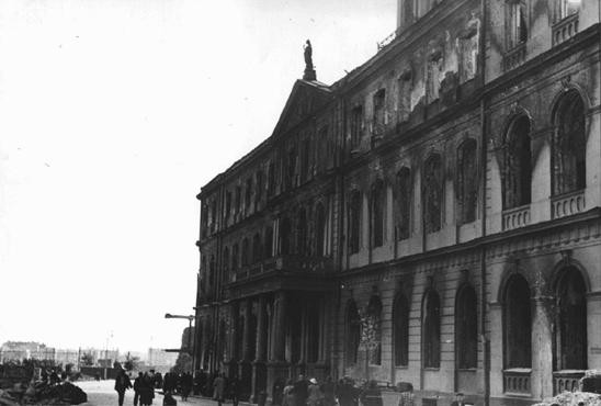German forces occupied Riga in early July 1941. Here, war damage to Riga's city hall is evidenced by blackened areas around the building's ... [LCID: 08780]