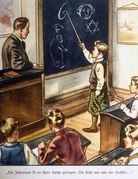 A colored children’s book illustration of a classroom of children with light skin tone. The teacher stands at the head of the classroom behind a lectern looking towards a male child in front of a blackboard. The blackboard is covered in antisemitic sketches.