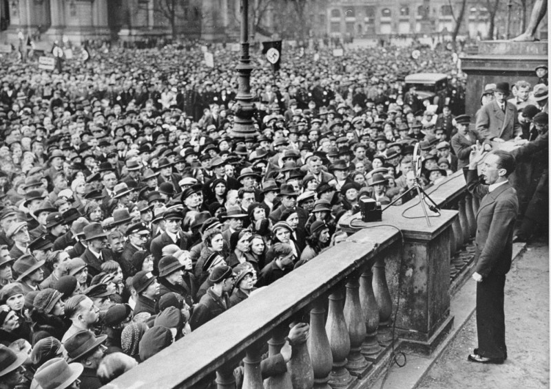 Joseph Goebbels, the Nazi minister of propaganda, speaks at a rally in favor of the boycott of Jewish-owned shops. [LCID: 44203]