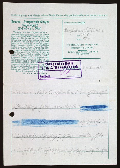 <p>Magdalena Kusserow, incarcerated in a special barracks for <a href="/narrative/5070">Jehovah's Witnesses</a> in the <a href="/narrative/4015">Ravensbrück</a> concentration camp, used stationery provided to prisoners to write a letter to her sister Annemarie in April 1942. The handwritten numbers in the block in the upper right identify Magdalena as prisoner 9591, assigned to block 17a. Magdalena wrote to her sister in part (translated from German): "Dear Annemarie. Received your letter of March 15, did you get mine? I'm fine. How did it go with Wolfgang's 2nd appointment on March 24? [words blotted out by German censor] .... How are you and why did you quit your job? Are you still not well? ..." In 1945, Magdalena and her mother were sent on a death march and were eventually liberated by Soviet forces.</p>