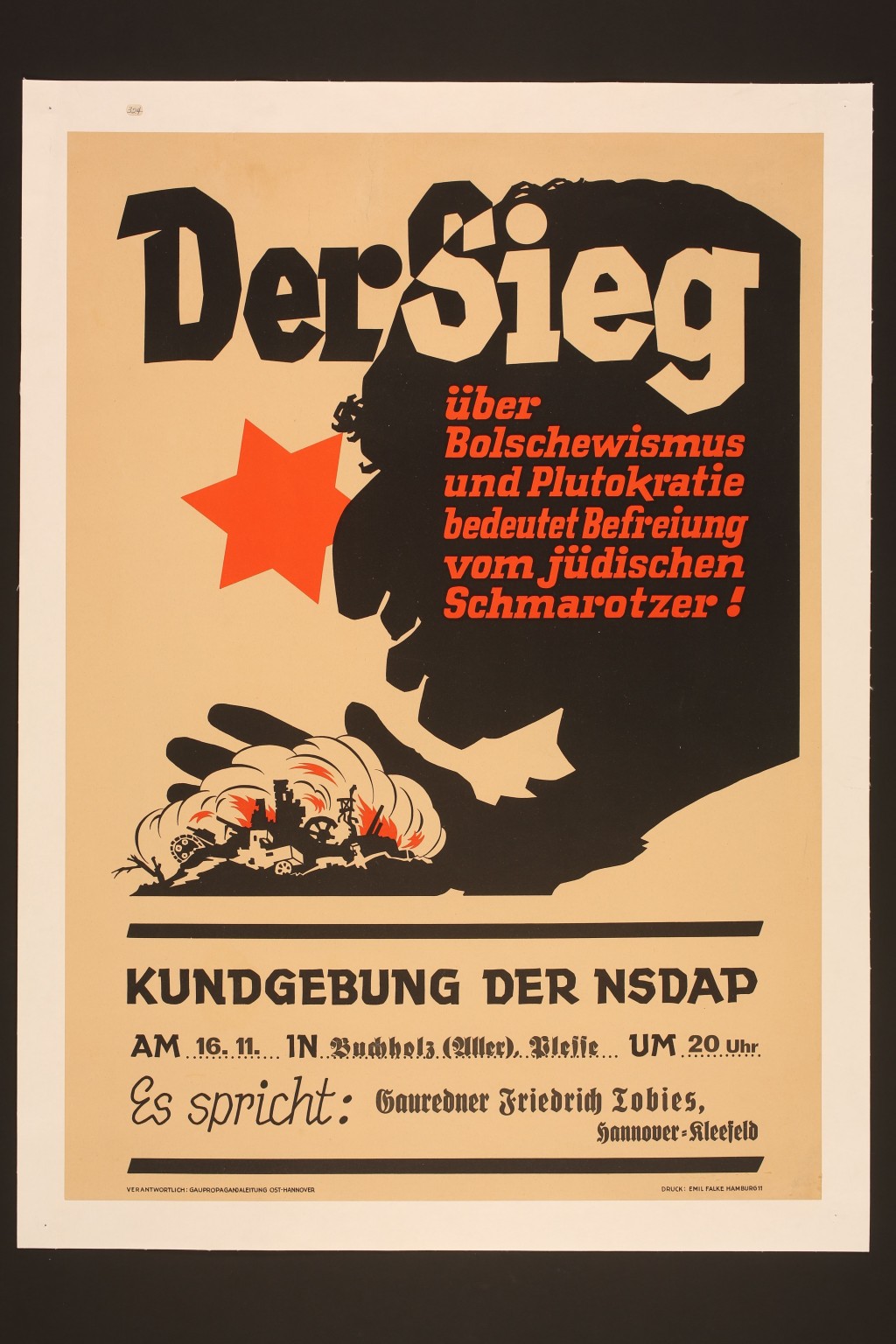 Tan poster with mostly red and black text. The profile antisemitic caricature of a Jewish man holds chaos and war in his palm.