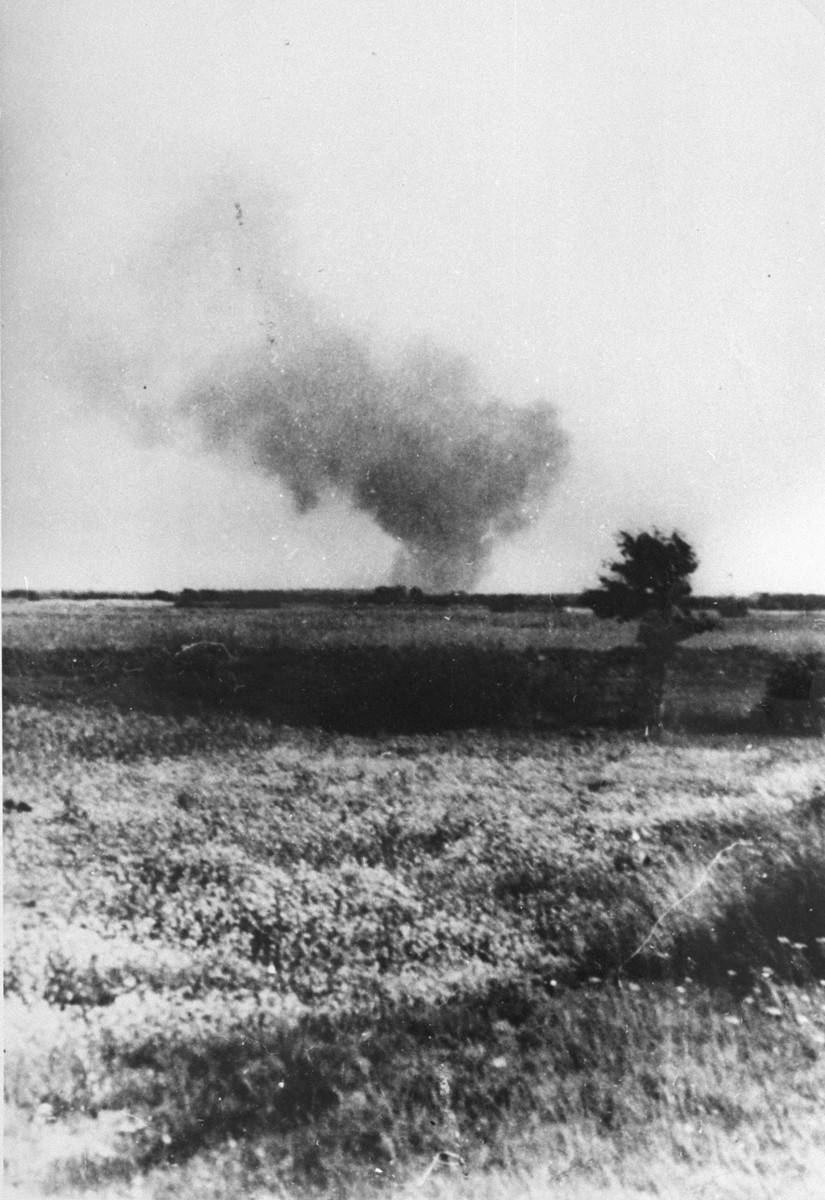 Distant view of smoke from the Treblinka killing center, set on fire by prisoners during a revolt.