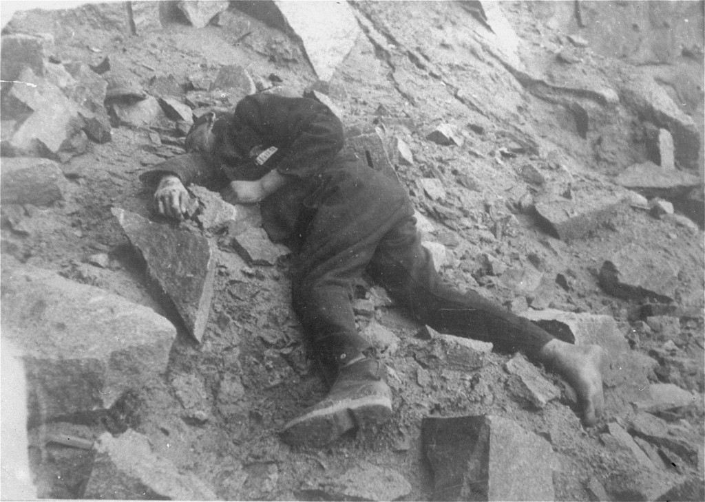 A Soviet inmate lies dead in the Mauthausen concentration camp quarry. [LCID: 19481]