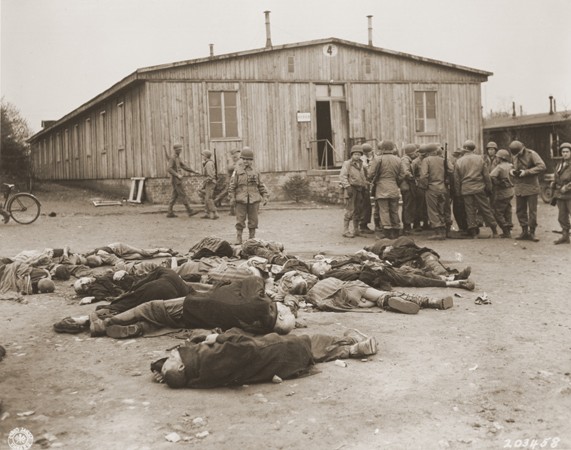 American soldiers view the bodies of prisoners found in the newly liberated Ohrdruf concentration camp. [LCID: 77443]