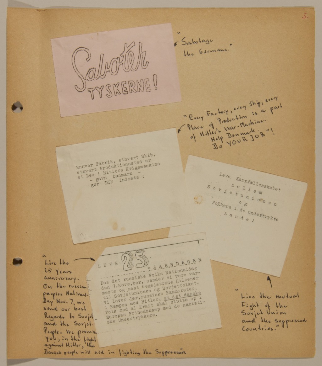 Scrapbook page with handwritten notes in black ink containing four different leaflets with printed text in black ink.