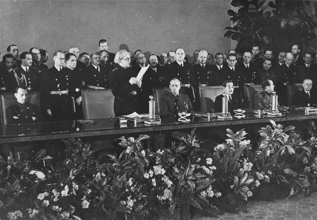 Slovak prime minister Vojtech Tuka (front row, standing) announces Slovakia's entry into the Axis alliance (initially Germany, Italy, ...