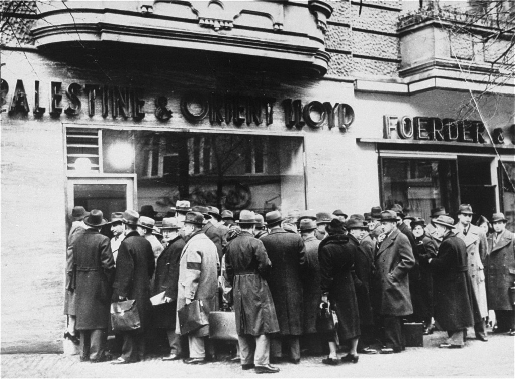 German Jews try to emigrate to Palestine; long lines in front of the Palestine and Orient Travel Agency.