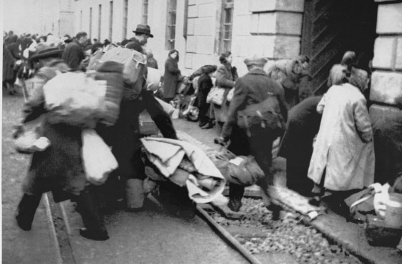 Arrival of a transport of Dutch Jews in the Theresienstadt ghetto. Czechoslovakia, February 1944.