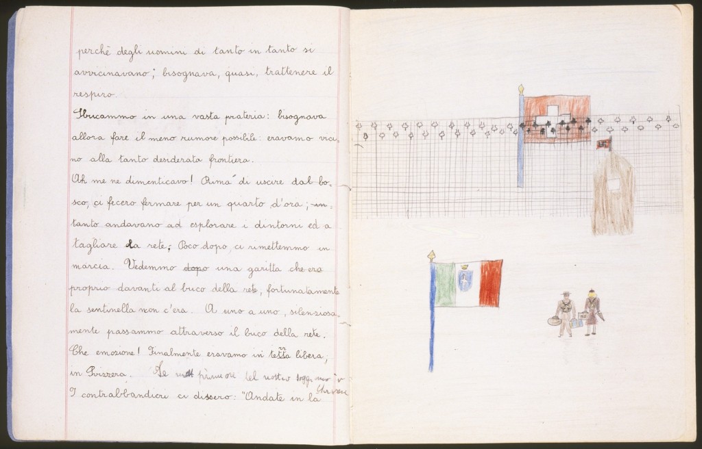 <p>Illustrated page of a child's diary written in a Swiss refugee camp. The diary entry describes how they crossed the border into Switzerland. The text reads, "We came out of the woods and into a clearing: we had to be as quiet as possible because we were so close to the border. Oh! I almost forgot! Before we came out of the woods, they made us stand still for a quarter of an hour while they went to explore the area and to cut through the fence. Fortunately, shortly thereafter, we began to walk again. We saw a small guard station that was literally in front of the hole in the fence, fortunately the guard was not there. One by one, silently, we went through the hole in the fence. What emotion! Finally, we were in free territory, in Switzerland." Switzerland, 1943-1944.</p>