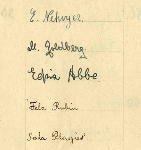 On September 23, 1941, on the occasion of the Jewish New Year (Rosh Hashanah), the Lodz ghetto schoolchildren presented Jewish Council chairman Rumkowski with an album of hand-drawn New Year's greetings from 43 of the schools. Included were signatures representing some 14,000 of the students. The greetings combine traditional holiday wishes with thanks for the schools and for the daily meals.  This detail from a signature page shows the signature for Sara Plagier (# 13049).