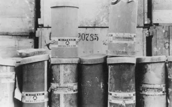  Containers of Zyklon B poison gas pellets found at the Majdanek camp after liberation. [LCID: 50571]
