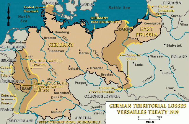 Germany lost World War I. In the 1919 Treaty of Versailles, the victorious powers (the United States, Great Britain, France, and other allied states) imposed punitive territorial, military, and economic provisions on defeated Germany. In the west, Germany returned Alsace-Lorraine to France. It had been seized by Germany more than 40 years earlier. Further, Belgium received Eupen and Malmedy; the industrial Saar region was placed under the administration of the League of Nations for 15 years; and Denmark received Northern Schleswig. Finally, the Rhineland was demilitarized; that is, no German military forces or fortifications were permitted there. In the east, Poland received parts of West Prussia and Silesia from Germany. In addition, Czechoslovakia received the Hultschin district from Germany; the largely German city of Danzig became a free city under the protection of the League of Nations; and Memel, a small strip of territory in East Prussia along the Baltic Sea, was ultimately placed under Lithuanian control. Outside Europe, Germany lost all its colonies. In sum, Germany forfeited 13 percent of its European territory (more than 27,000 square miles) and one-tenth of its population (between 6.5 and 7 million people).