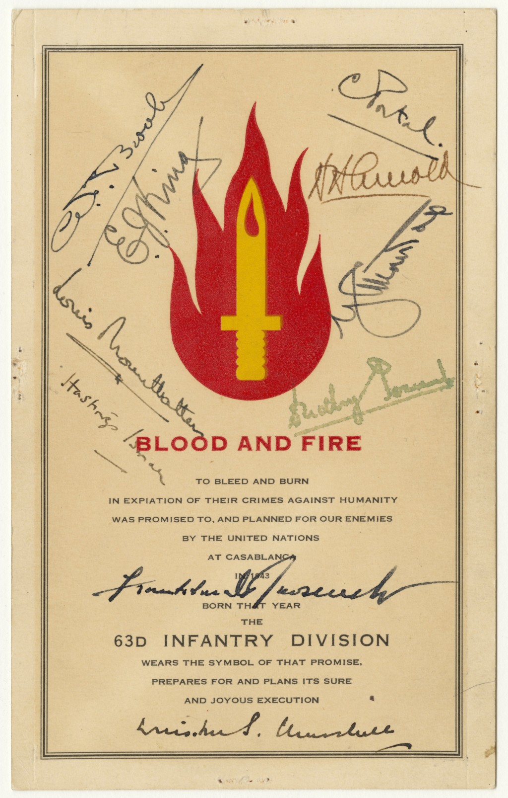 Autographed page for the US Army 63rd Infantry Division, whose motto was "Blood and Fire"