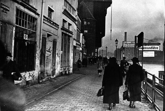 Antisemitic graffiti on Jewish-owned businesses on a Danzig street in 1935.