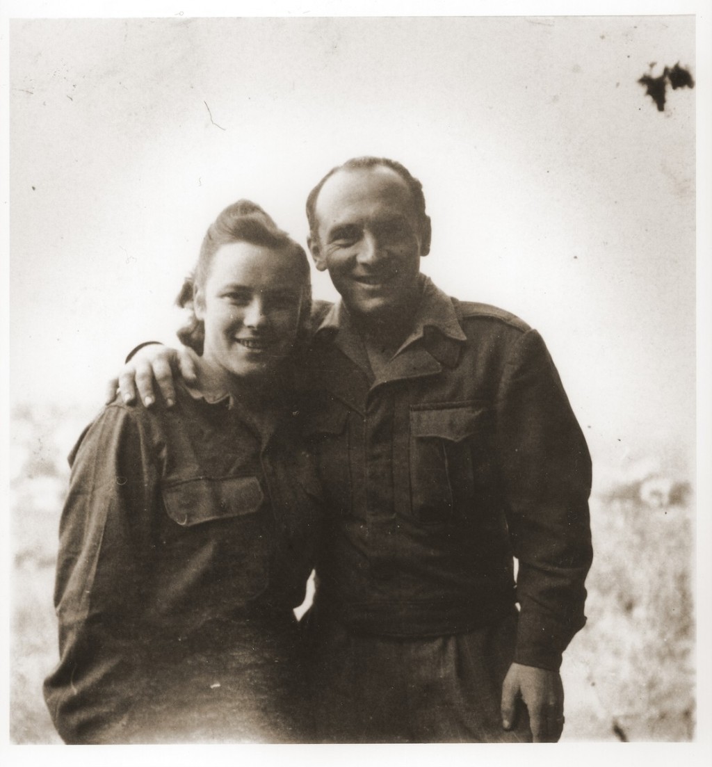 Portrait of siblings Saba and Julek Fiszman after their reunion in Santa Maria di Bagni, Italy, March 1946. Members of the Fiszman family had been separated over the course of the war. While at the Foehrenwald displaced persons (DP) camp, Saba learned from a Jewish Brigade Officer that her brother was in Italy. She traveled to Santa Maria di Bagni, where there was a DP camp, to meet him.