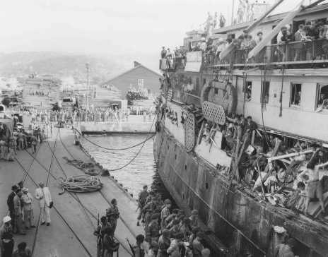 <p>The "Exodus 1947," a refugee ship with 4,500 Jewish passengers, docks at Haifa port. The British deny the passengers entry into Palestine. UNSCOP chairman Emil Sandstroem (at left) observes. July 19, 1947.</p>