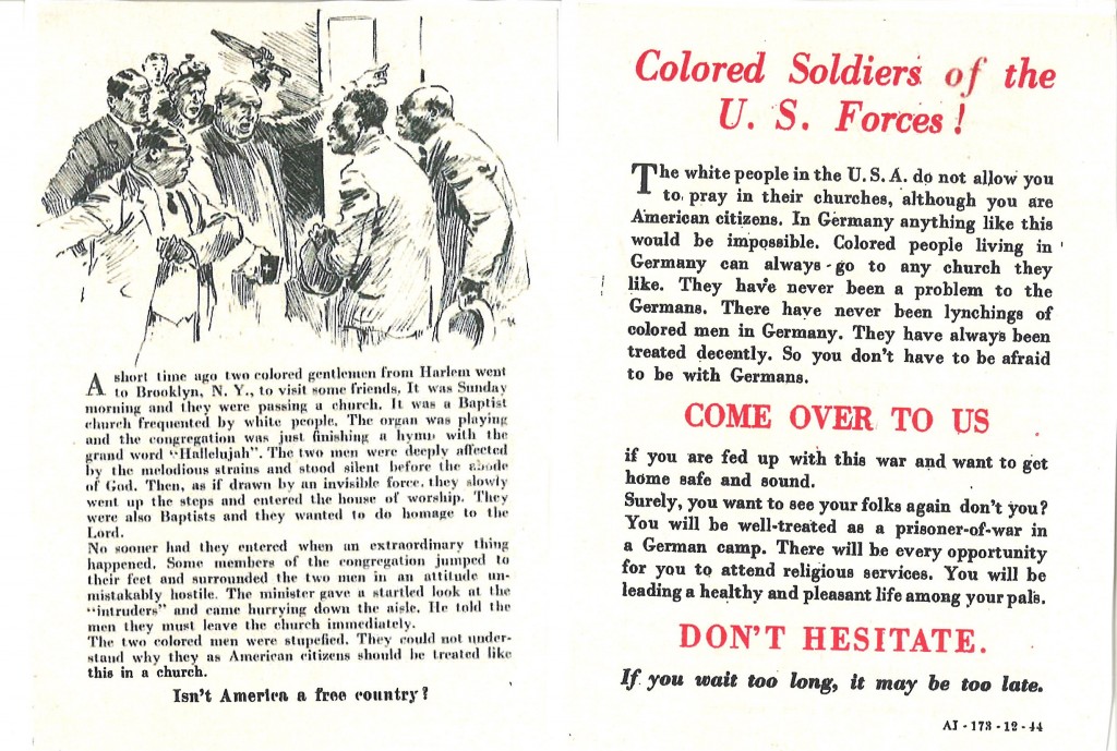 German propaganda leaflet targeting African American servicemen, November 1944. The leaflets falsely suggested that African Americans would receive better treatment by the German military and encourage them to surrender to German troops.