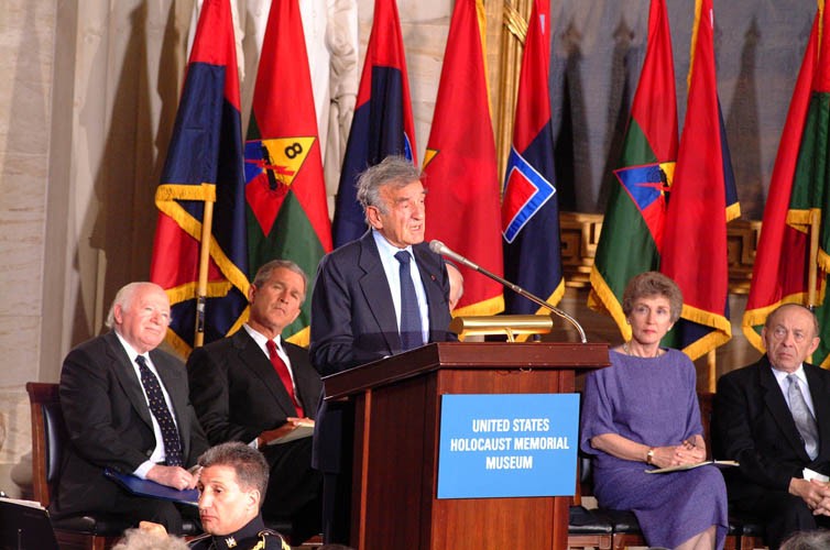 Elie Wiesel speaks at the Days of Remembrance ceremony, Washington, DC, 2001. [LCID: dor2001a]