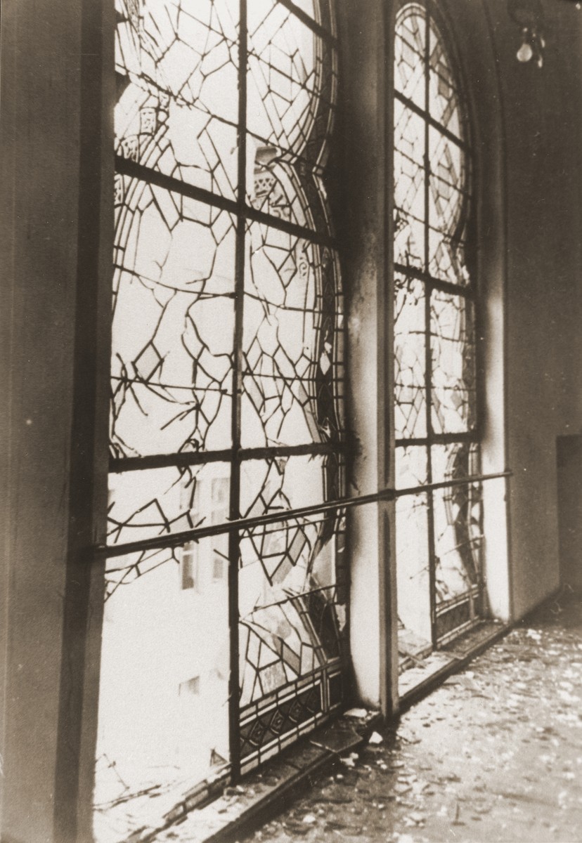 The shattered stained glass windows of the Zerrennerstrasse synagogue after its destruction on Kristallnacht. [LCID: 97572]