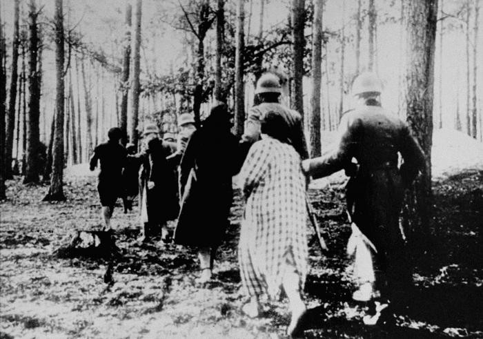 SS personnel lead Polish women into a forest for execution