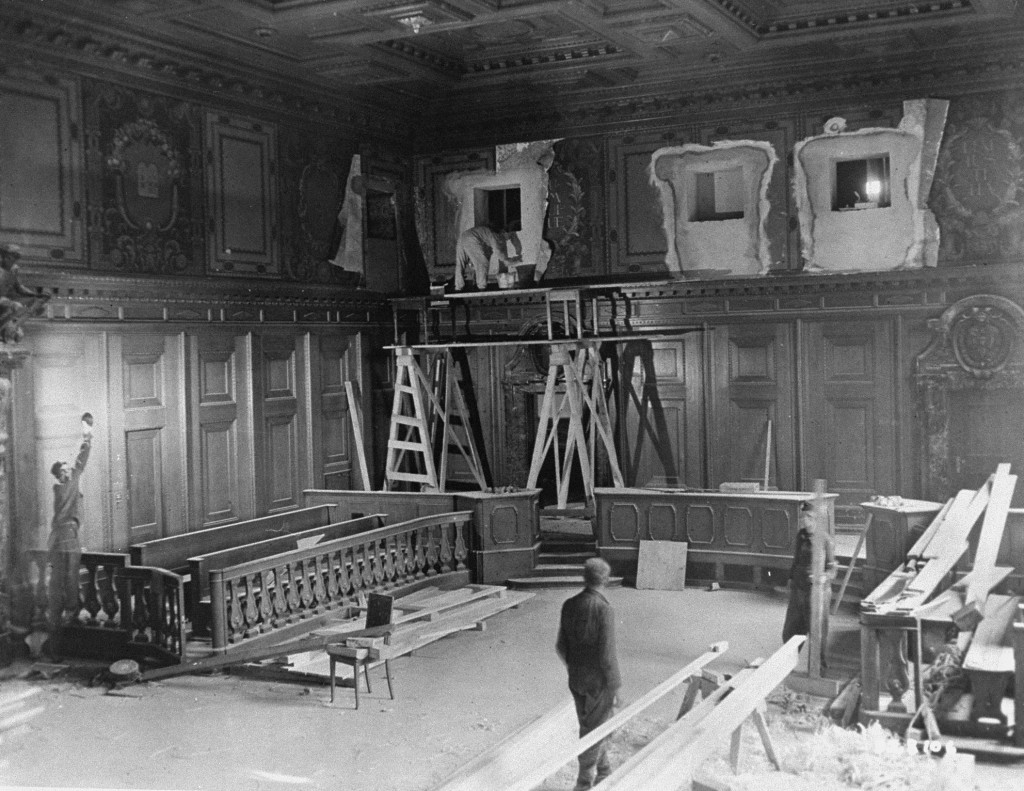 Repairs and improvements are made to the courtroom where the International Military Tribunal trial of war criminals will be held. [LCID: 43055]