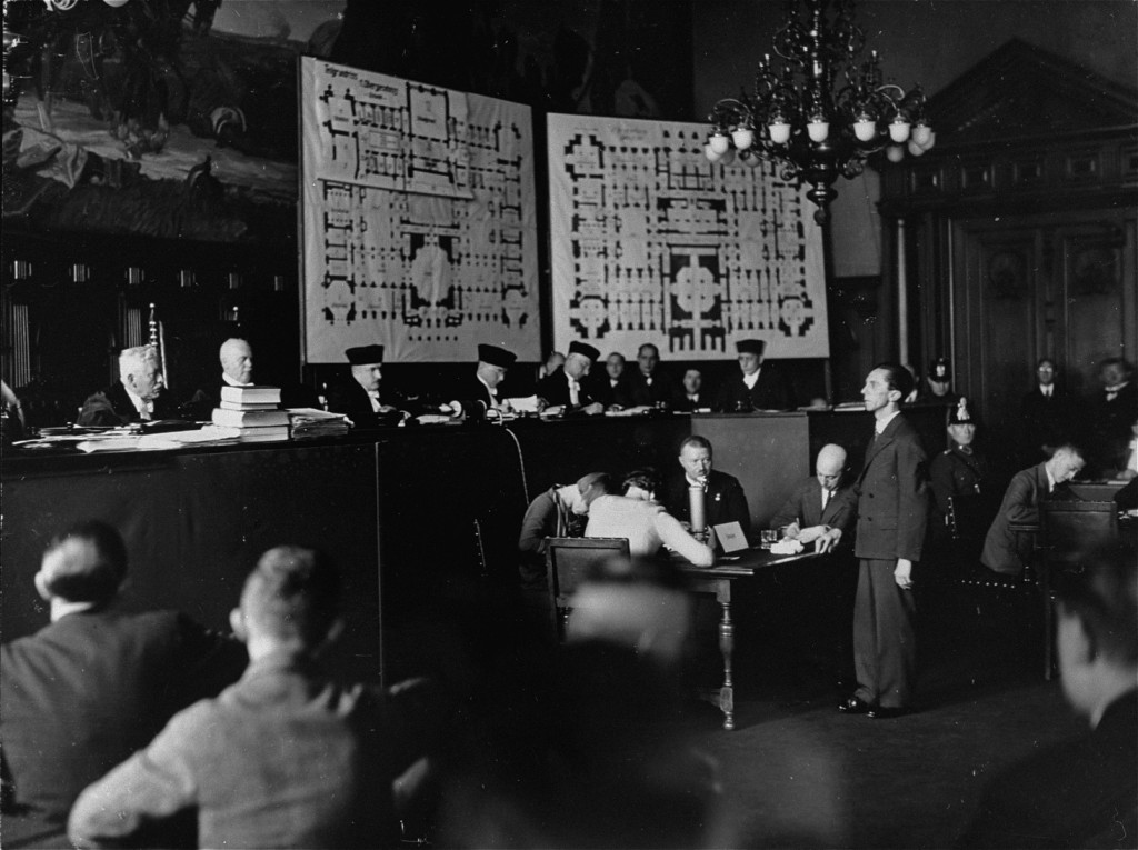 Joseph Goebbels (standing) testifies for the state during the Reichstag Fire Trial before the Supreme Court. [LCID: 86144]
