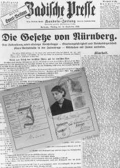  Photomontage showing the front page of the "Badische Presse" newspaper reporting on the Nuremberg Race Laws and an identity card ... [LCID: 78702]
