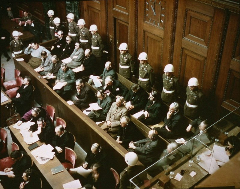 View of the defendants in the dock at the International Military Tribunal trial of war criminals at Nuremberg.