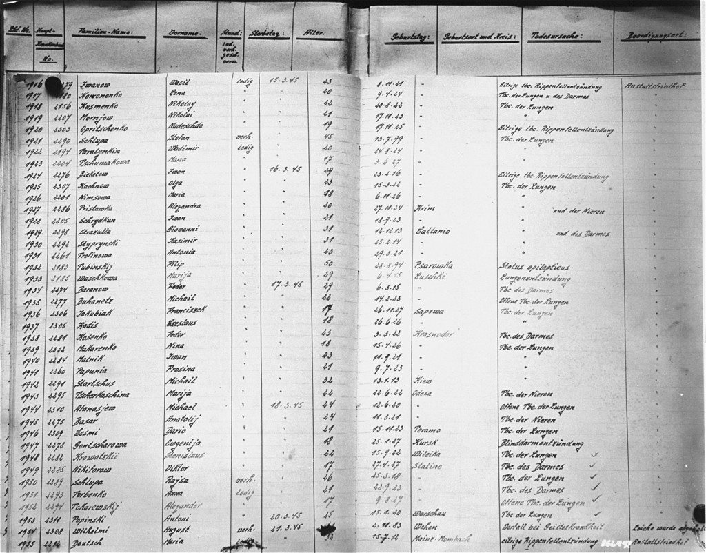 Two pages of the death registry at Hadamar listing false causes of death. [LCID: 76282]